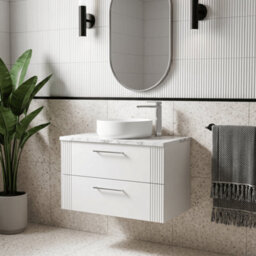 Balterley Belvide Partial Fluted 2 Drawer Wall Hung Vanity Unit With Carrera Marble Laminate Worktop - 800mm - Satin White - thumbnail 4