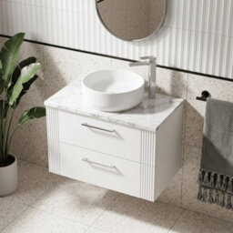 Balterley Belvide Partial Fluted 2 Drawer Wall Hung Vanity Unit With Carrera Marble Laminate Worktop - 800mm - Satin White - thumbnail 3