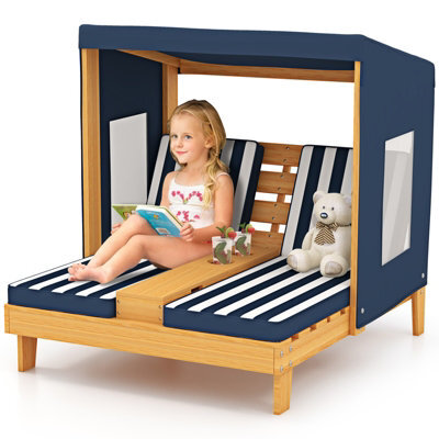 Gainoom Kids Double Chaise Lounge With Awning & Cup Holders Patio Lounge Chair Outdoor Portable Chair For 3-8 Years Old - image 1