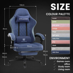Gtplayer Fabric Gaming Chair With Footrest, Computer Chairs For Adults With Pocket Spring Cushion Ergonomic For Home Office, Blue - thumbnail 3