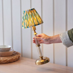 Luminosa Lighting Luminosa Morton Rechargeable Brushed Aged Brass Plate Table Lamp With Yellow/jade Fabric Ikat Shade 16Cm Integrated Led - thumbnail 4