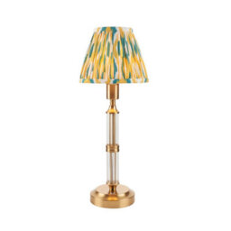 Luminosa Lighting Luminosa Morton Rechargeable Brushed Aged Brass Plate Table Lamp With Yellow/jade Fabric Ikat Shade 16Cm Integrated Led