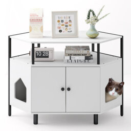 Costway Corner Cat Litter Box Enclosure Cat House Cabinet With Open Shelf - thumbnail 1