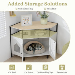 Costway Corner Cat Litter Box Enclosure Cat House Cabinet With Open Shelf - thumbnail 4