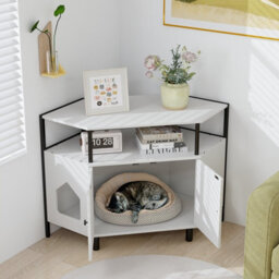 Costway Corner Cat Litter Box Enclosure Cat House Cabinet With Open Shelf - thumbnail 3