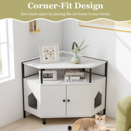 Costway Corner Cat Litter Box Enclosure Cat House Cabinet With Open Shelf - thumbnail 7