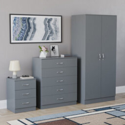 Lassic Vida Designs Riano 3 Piece Bedroom Set (3 Drawer Bedside Chest, 5 Drawer Chest, 2 Door Wardrobe) Grey (4) - thumbnail 3