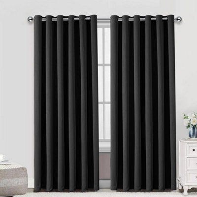 Bedlooms Blackout Curtains Thermal Insulated Eyelet Ready Made Ring Top Black Curtain (Pair) 66 X 72 Inches With Tie Backs