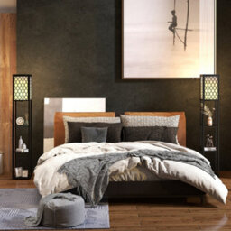 Homcom Modern Set Of 2 Floor Lamp With 3 Shelves Fabric Lampshade Black - thumbnail 1