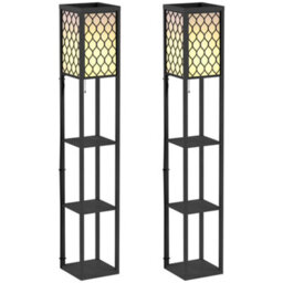 Homcom Modern Set Of 2 Floor Lamp With 3 Shelves Fabric Lampshade Black - thumbnail 2