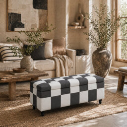 Wyld Haus Susula Velvet Dark Grey And White Check Storage Bench With Wooden Legs, L114 X D47 X H47Cm - thumbnail 1