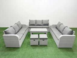Fimous Pe Rattan Lounge Sofa Set 11 Seater Outdoor Garden Furniture Set Oblong Coffee Table 3 Seater Sofa 2 Stools Light Grey - thumbnail 1