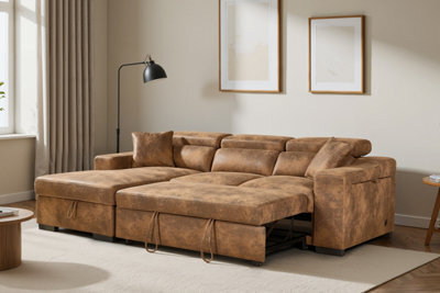Faux Leather Suede Brown Corner Sofa Bed With Storage 1C2 Sofabed - image 1