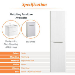 Plum&clay Eden Gloss White Wall Mounted Tall Bathroom Storage Unit Right Hand Hinge - thumbnail 7
