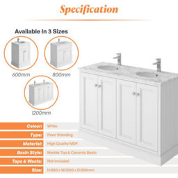 Plum&clay Fairmont Traditional White Square Floor Standing Bathroom Vanity Unit With Ceramic Basin & Marble Top (W)1200mm - thumbnail 4