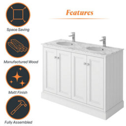 Plum&clay Fairmont Traditional White Square Floor Standing Bathroom Vanity Unit With Ceramic Basin & Marble Top (W)1200mm - thumbnail 5