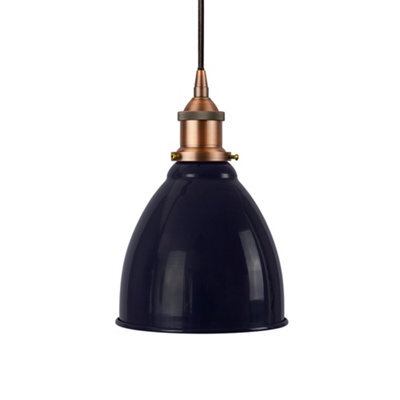 SE Home Navy Blue Classic Small Pantry Metal Painted Dome Pendant Light With Matt Antique Copper Lamp Holder And Black Round Cable
