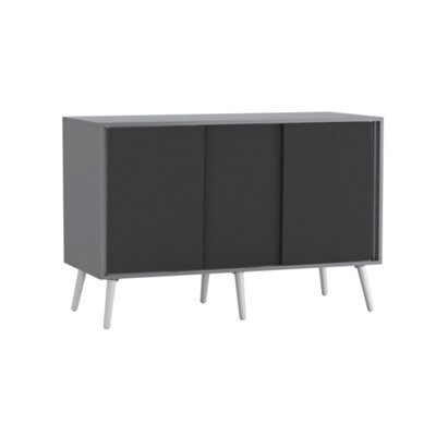 Urbn-Living Urbnliving 3-Door Sliding Cabinet Sideboard Grey Carcass With Black Doors Storage Organiser Home Cupboard White Wooden Legs - image 1