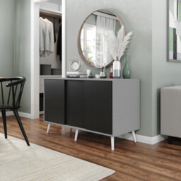 Urbn-Living Urbnliving 3-Door Sliding Cabinet Sideboard Grey Carcass With Black Doors Storage Organiser Home Cupboard White Wooden Legs - thumbnail 2