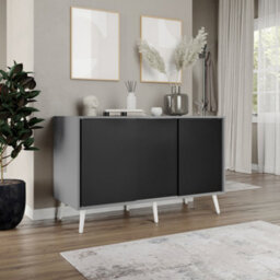 Urbn-Living Urbnliving 3-Door Sliding Cabinet Sideboard Grey Carcass With Black Doors Storage Organiser Home Cupboard White Wooden Legs - thumbnail 3