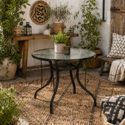 Wyld Haus Reka Round 96.5Cm Glass Top Outdoor Dining Table With Parasol Hole - Black