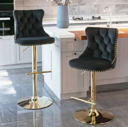 HomeTouch Set Of 4 Luxury Black & Gold Velvet Swivel Bar Stools - thumbnail 3
