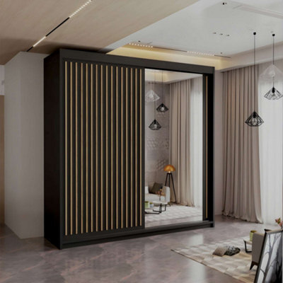 M N Furniture Ltd M N Furniture Modern Black Sliding Wardrobe With Mirror And Led Light, Mdf Bedroom Storage Cabinet, 150Cm - image 1