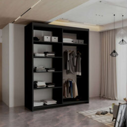 M N Furniture Ltd Wardrobe With Led Light - Modern Sliding Wardrobe - 2 Or 3 Door Bedroom Cabinet With Mirror (Black/oak, 150Cm) - thumbnail 2