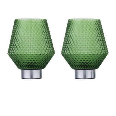 Set Of 2 Modern Battery Operated Table Lamp Bedside Light Chrome & Green Glass - image 1