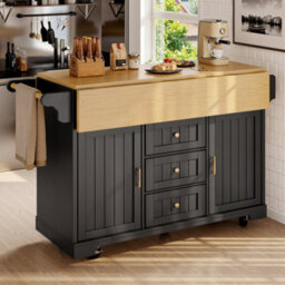 Btm Extendable Kitchen Island Cart With Drawers And Rack, 120X40(80)X95Cm, Black And Natural - thumbnail 3