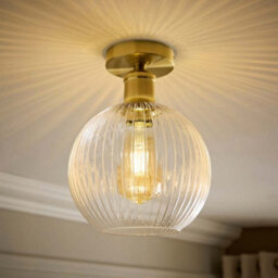 Valuelights Maddison Clear Rib Glass Brushed Gold Flush Ceiling Light & Filament Bulb