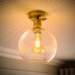 Valuelights Maddison Clear Rib Glass Brushed Gold Flush Ceiling Light & Filament Bulb - thumbnail 2