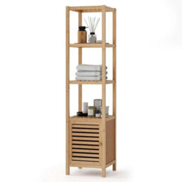 140Cm Tall Bathroom Floor Cabinet Bamboo Storage Cabinet W/ Shelves - thumbnail 1