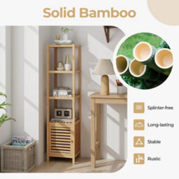 140Cm Tall Bathroom Floor Cabinet Bamboo Storage Cabinet W/ Shelves - thumbnail 5