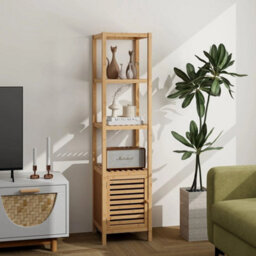 140Cm Tall Bathroom Floor Cabinet Bamboo Storage Cabinet W/ Shelves - thumbnail 3