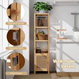 140Cm Tall Bathroom Floor Cabinet Bamboo Storage Cabinet W/ Shelves - thumbnail 4
