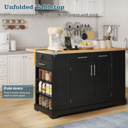 Abrihome 138Cm Large Kitchen Island With Folding Worktop, Power Outlet & Pull-Out Trash Bin, On Wheels - thumbnail 3