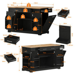 Abrihome 138Cm Large Kitchen Island With Folding Worktop, Power Outlet & Pull-Out Trash Bin, On Wheels - thumbnail 7
