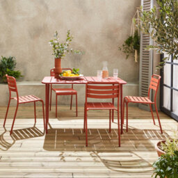 Sweeek - 4-Seater Rectangular Steel Garden Table With 4 Chairs Terracotta 120X70X72.5 Cm - Amelia