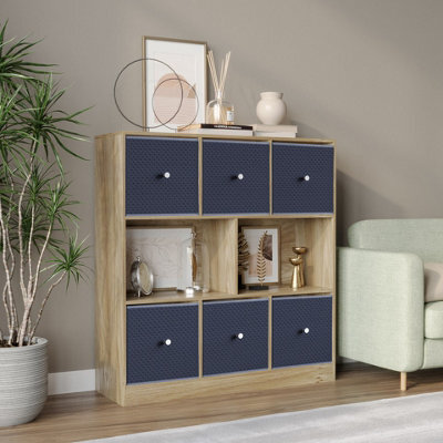Urbn-Living Urbnliving Asymmetrical 8 Cube Bookcase Shelf Storage Unit W/ 6 Fabric Drawer Inserts (Oak+Navy Blue) - image 1