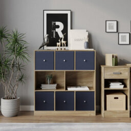 Urbn-Living Urbnliving Asymmetrical 8 Cube Bookcase Shelf Storage Unit W/ 6 Fabric Drawer Inserts (Oak+Navy Blue) - thumbnail 4