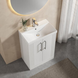 Balterley Belvide Partial Fluted 2 Door Floor Standing Vanity Unit With 1 Tap Hole Thin-Edge Basin- 600mm - Satin White - thumbnail 3