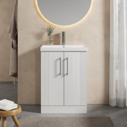Balterley Belvide Partial Fluted 2 Door Floor Standing Vanity Unit With 1 Tap Hole Thin-Edge Basin- 600mm - Satin White - thumbnail 2