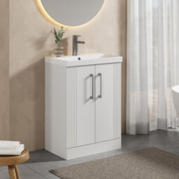 Balterley Belvide Partial Fluted 2 Door Floor Standing Vanity Unit With 1 Tap Hole Thin-Edge Basin- 600mm - Satin White - thumbnail 4