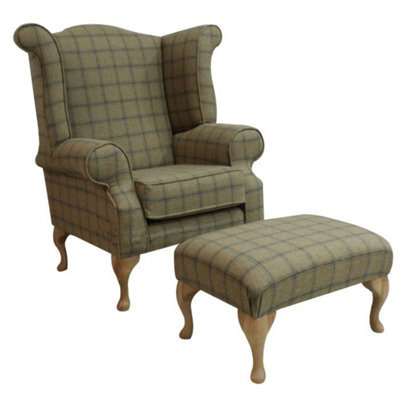 Chesterfield Fireside High Back Armchair + Footstool Wool Tweed Althrop Topaz In Queen Anne Style - image 1