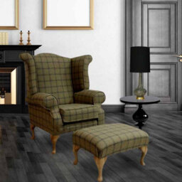 Chesterfield Fireside High Back Armchair + Footstool Wool Tweed Althrop Topaz In Queen Anne Style - thumbnail 2
