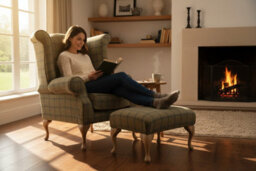 Chesterfield Fireside High Back Armchair + Footstool Wool Tweed Althrop Topaz In Queen Anne Style - thumbnail 3