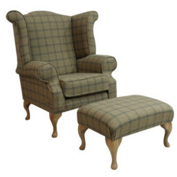 Chesterfield Fireside High Back Armchair + Footstool Wool Tweed Althrop Topaz In Queen Anne Style