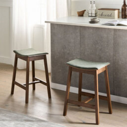 Wyld And Coco Greenwood Pair Of Backless Rubberwood Bar Stools, Green Upholstery, Matt Lacquer Finish - W45 X D39 X H63Cm - thumbnail 2