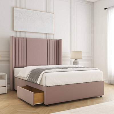 Bsspoke Cheshire Divan Bed Pink Plush Velvet 54Inch Wingedback Panel Headboard 2 Drawers Footend & Mattress In All Sizes - image 1